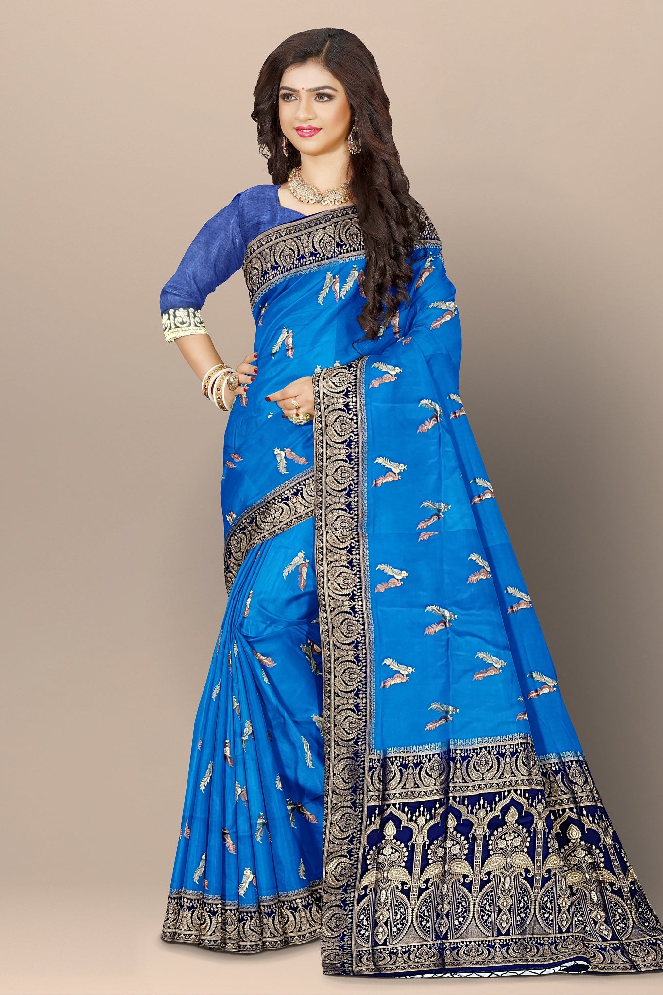 Tussar Silk Saree with Peacock Buta & Navy Blue Contrast