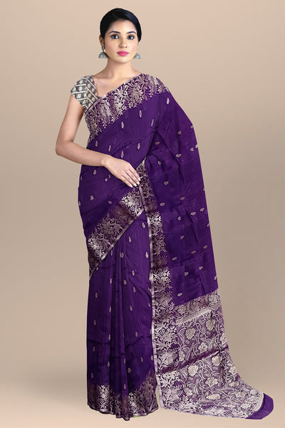 Elegant Purple Silk Saree with Buta, Floral & Kalka Work