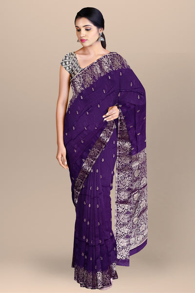 Elegant Purple Silk Saree with Buta, Floral & Kalka Work