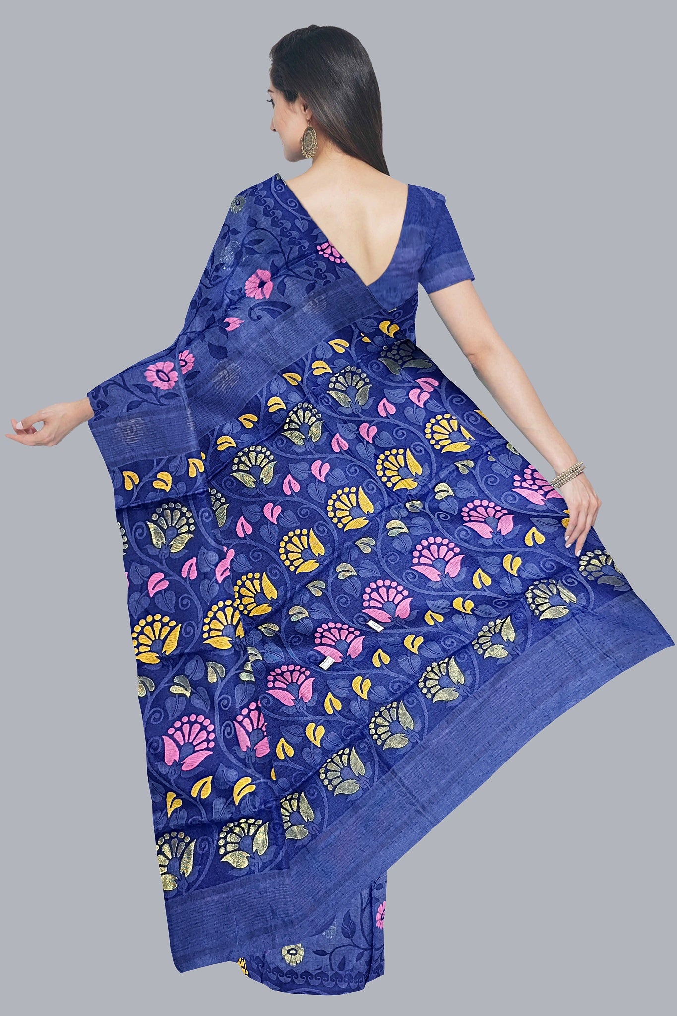 Elegant Navy Blue soft jamdani Saree with Big Leaf Design