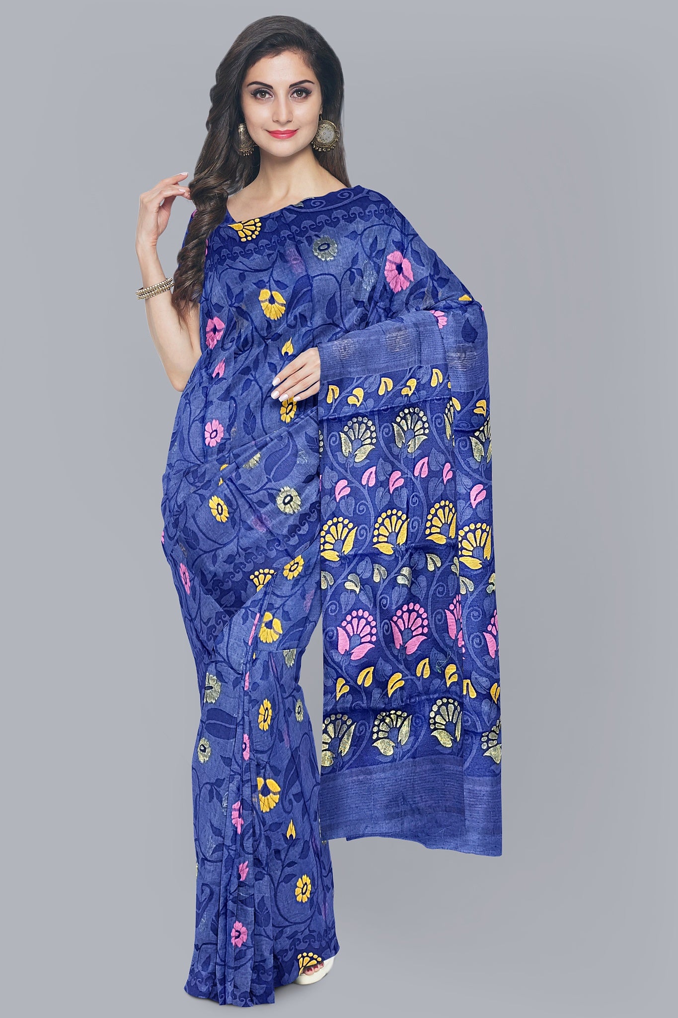 Elegant Navy Blue soft jamdani Saree with Big Leaf Design