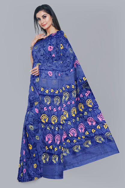 Elegant Navy Blue soft jamdani Saree with Big Leaf Design,DN NO-1085