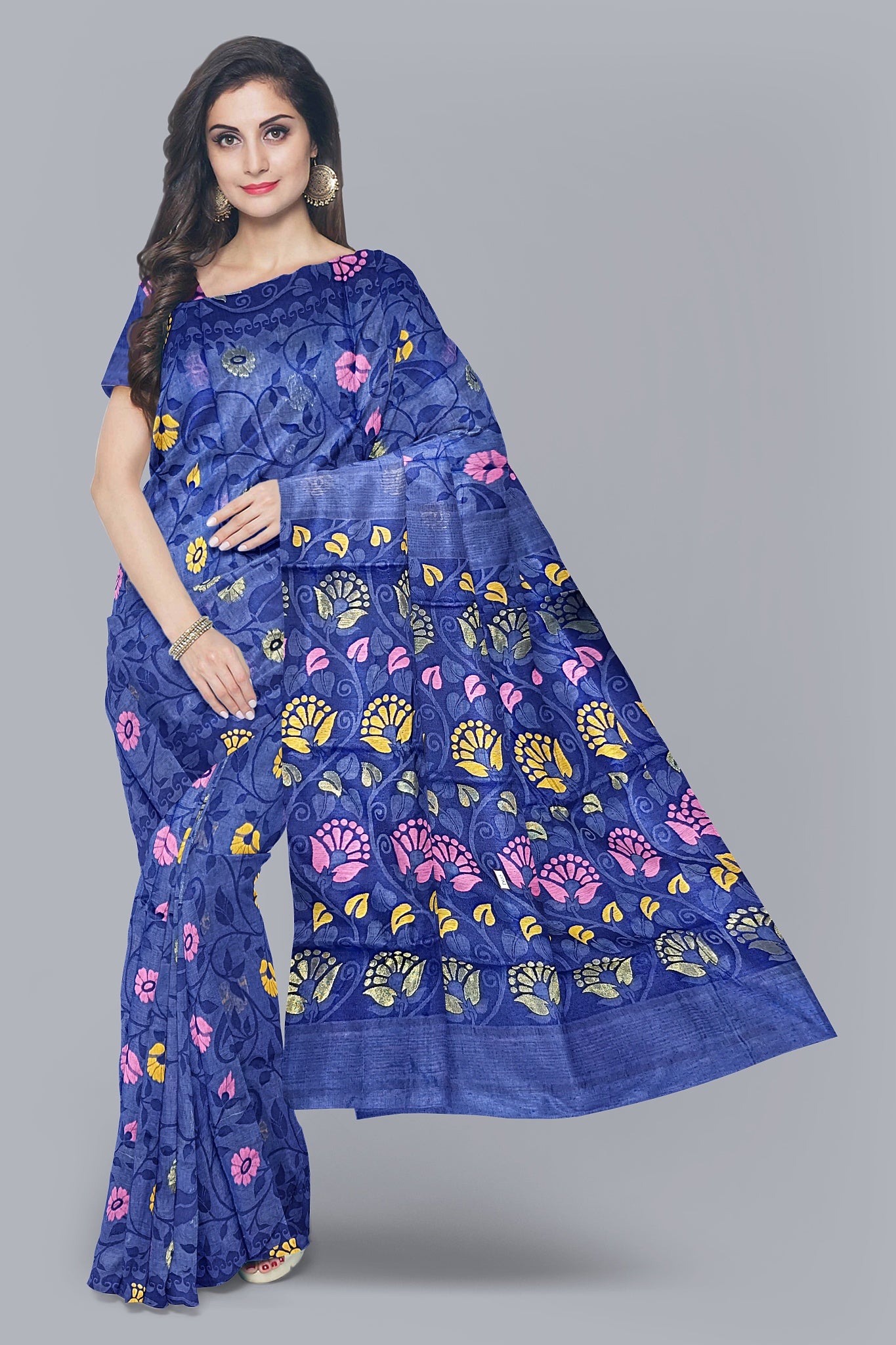 Elegant Navy Blue soft jamdani Saree with Big Leaf Design