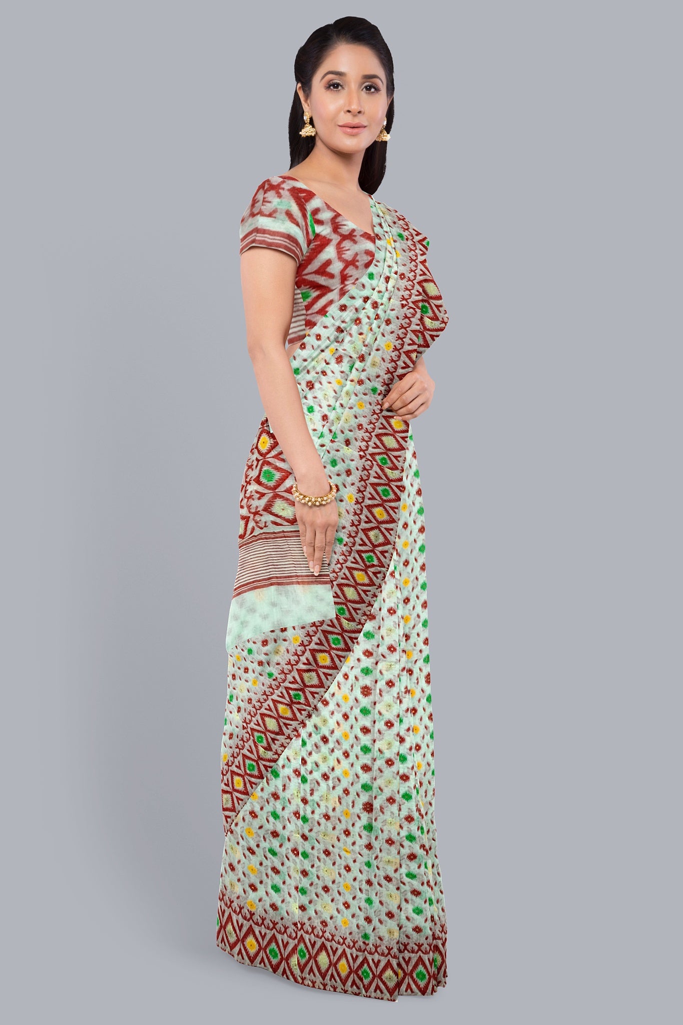 Elegant White Soft jamdani Saree with Red and Green Minakari Accents,DN NO-1103