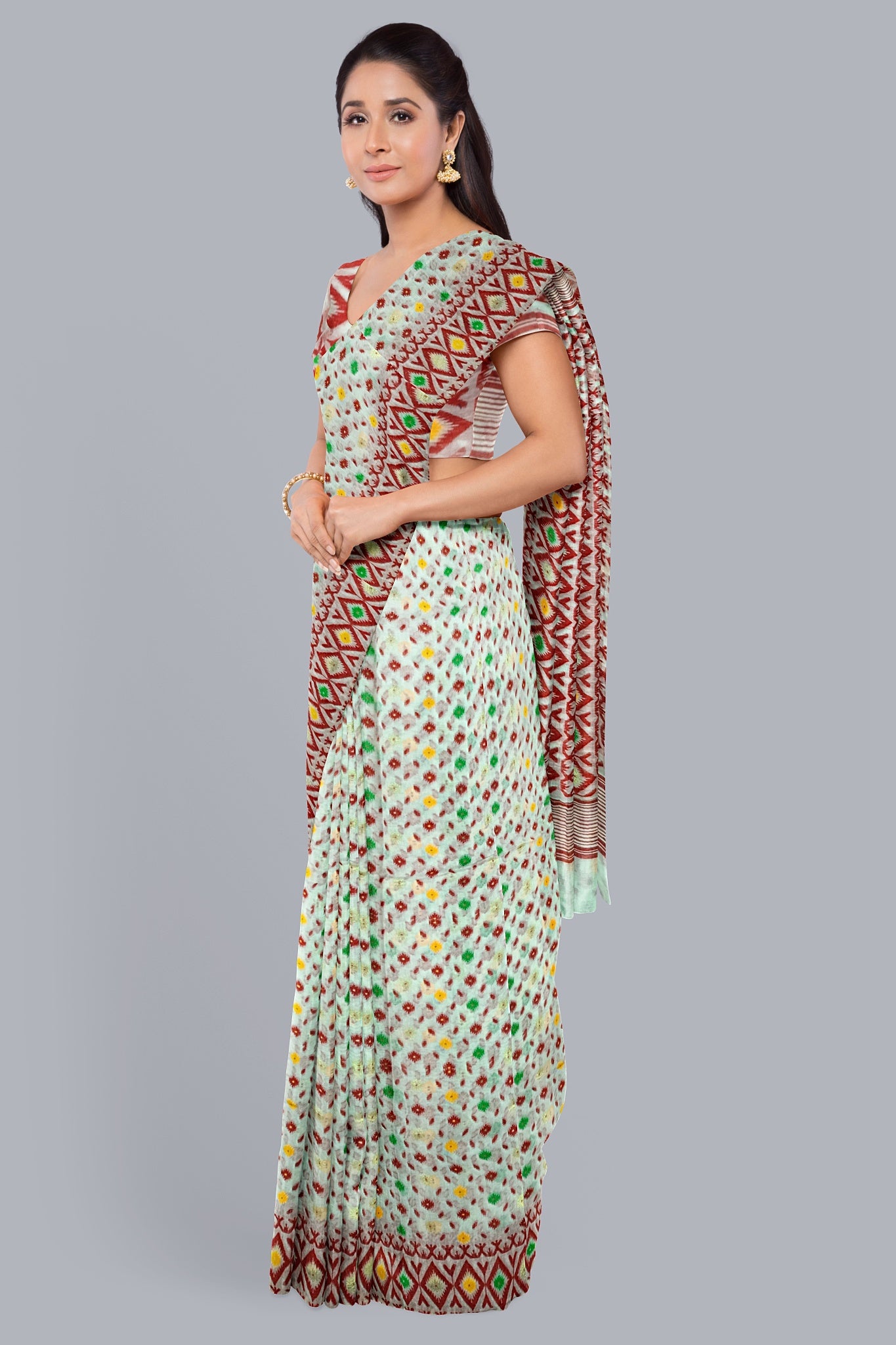 Elegant White Soft jamdani Saree with Red and Green Minakari Accents,DN NO-1103