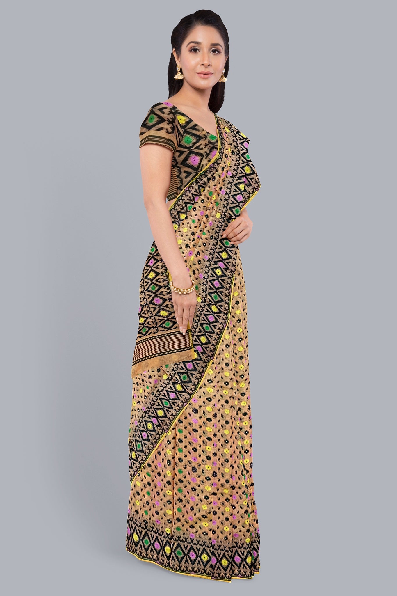 Exquisite Pitch Soft Jamdani Saree with Multicolored Minakari Accents