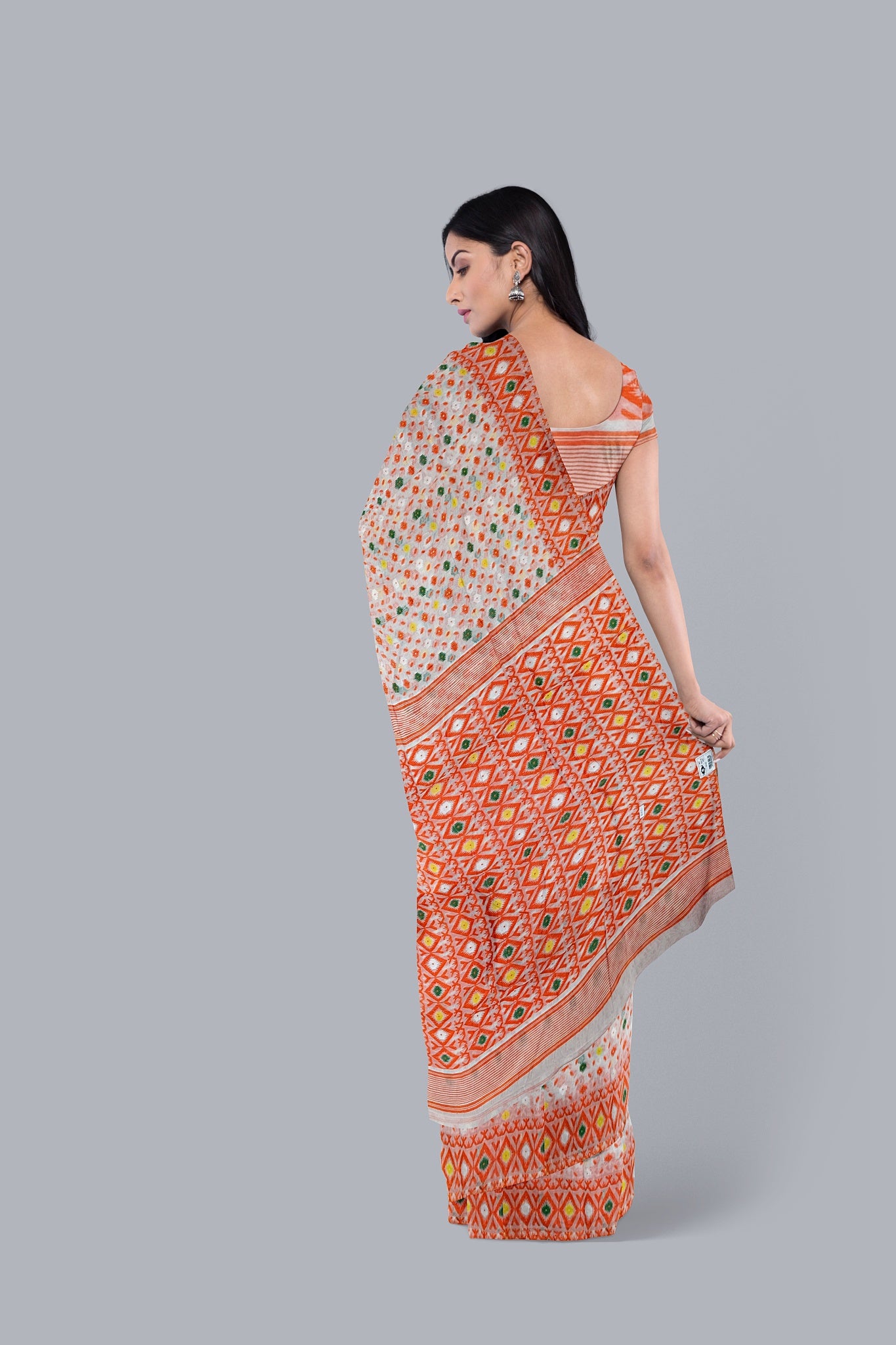 Elegant White Soft Jamdani Saree with Multicolored Contrast Accents