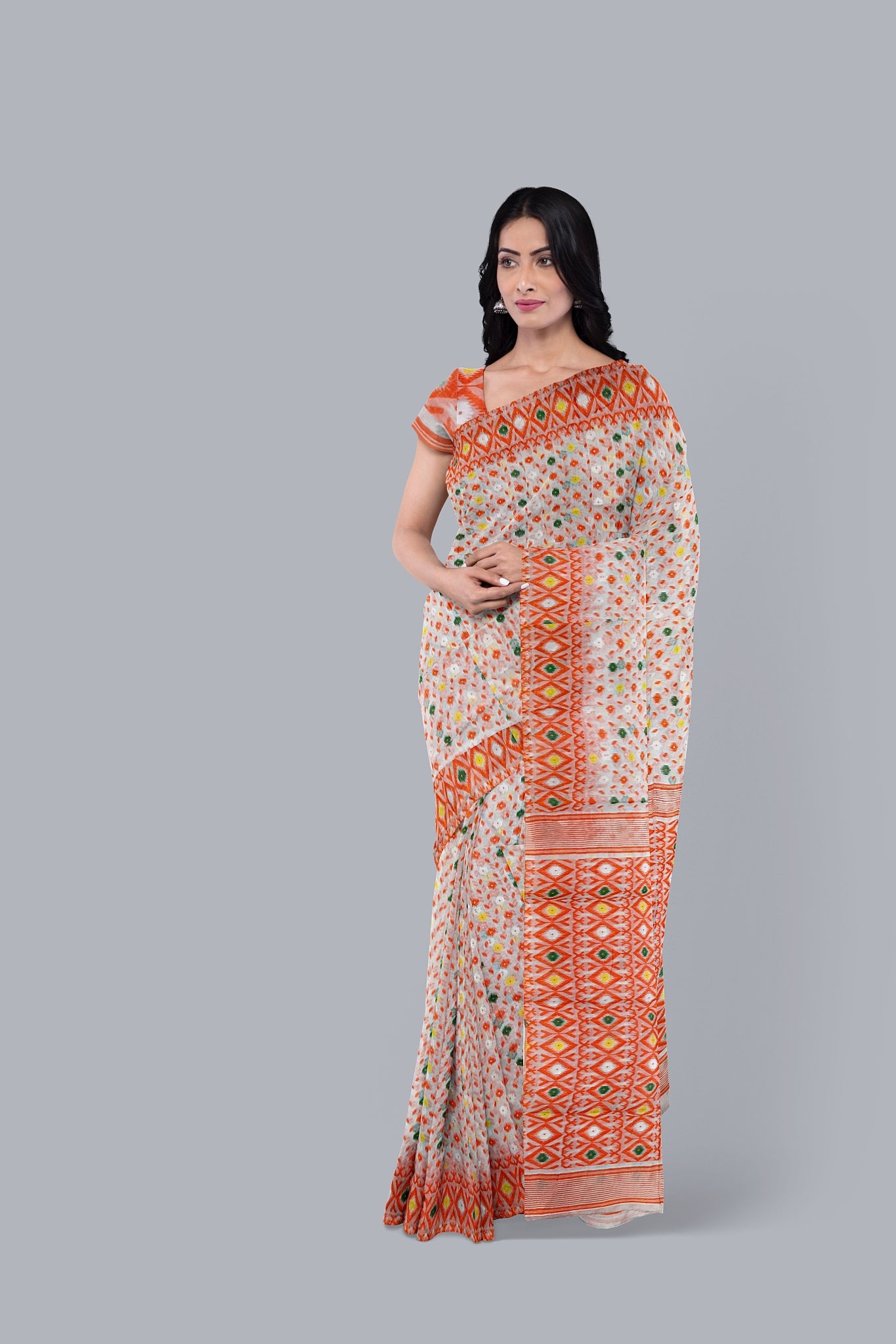 Elegant White Soft Jamdani Saree with Multicolored Contrast Accents