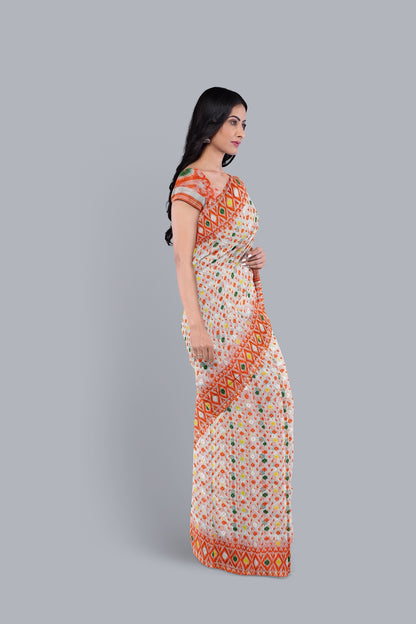 Elegant White Soft Jamdani Saree with Multicolored Contrast Accents,DN NO-1102