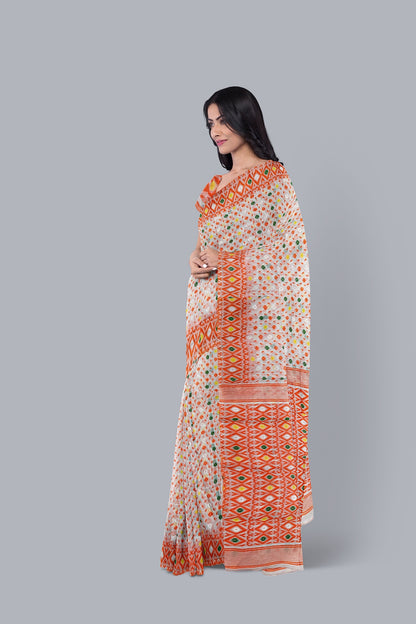 Elegant White Soft Jamdani Saree with Multicolored Contrast Accents,DN NO-1102