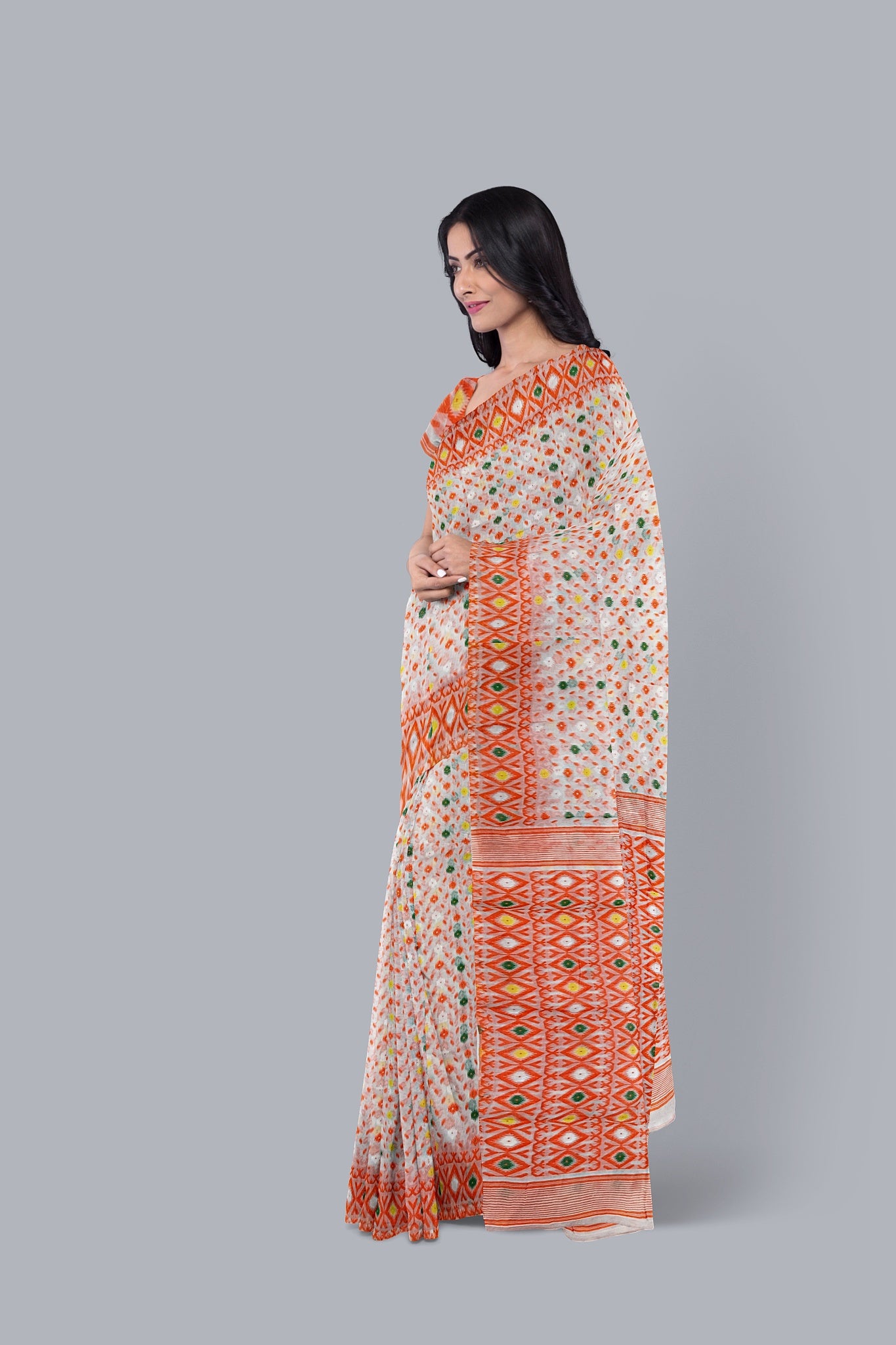 Elegant White Soft Jamdani Saree with Multicolored Contrast Accents