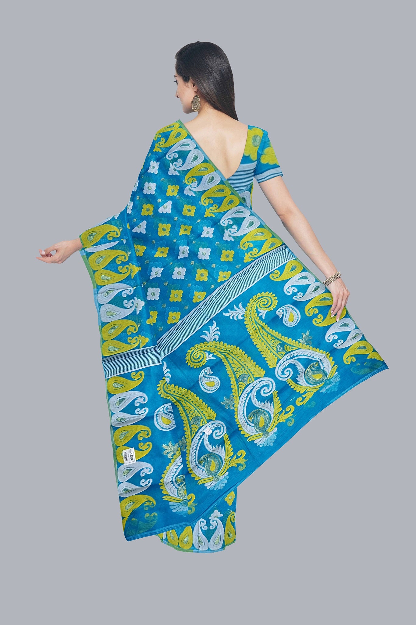 Exquisite Firoza Soft Jamdani Saree with Yellow and White Accents,DN NO-1071