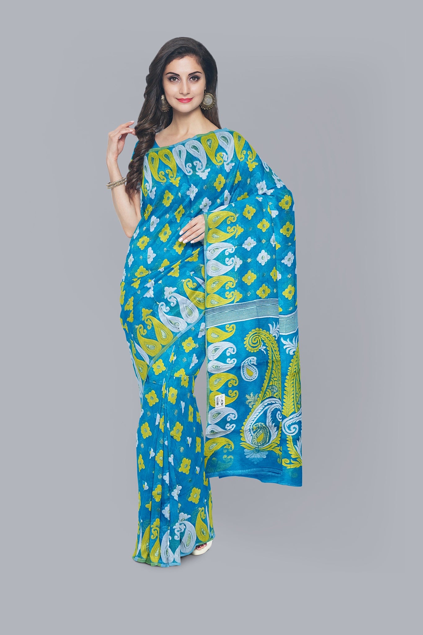 Exquisite Firoza Soft Jamdani Saree with Yellow and White Accents,DN NO-1071
