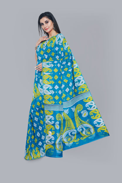 Exquisite Firoza Soft Jamdani Saree with Yellow and White Accents,DN NO-1071