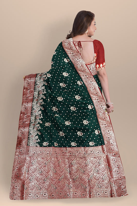 Bottle Green Silk Saree with Multicolored Buta & Minakari Work