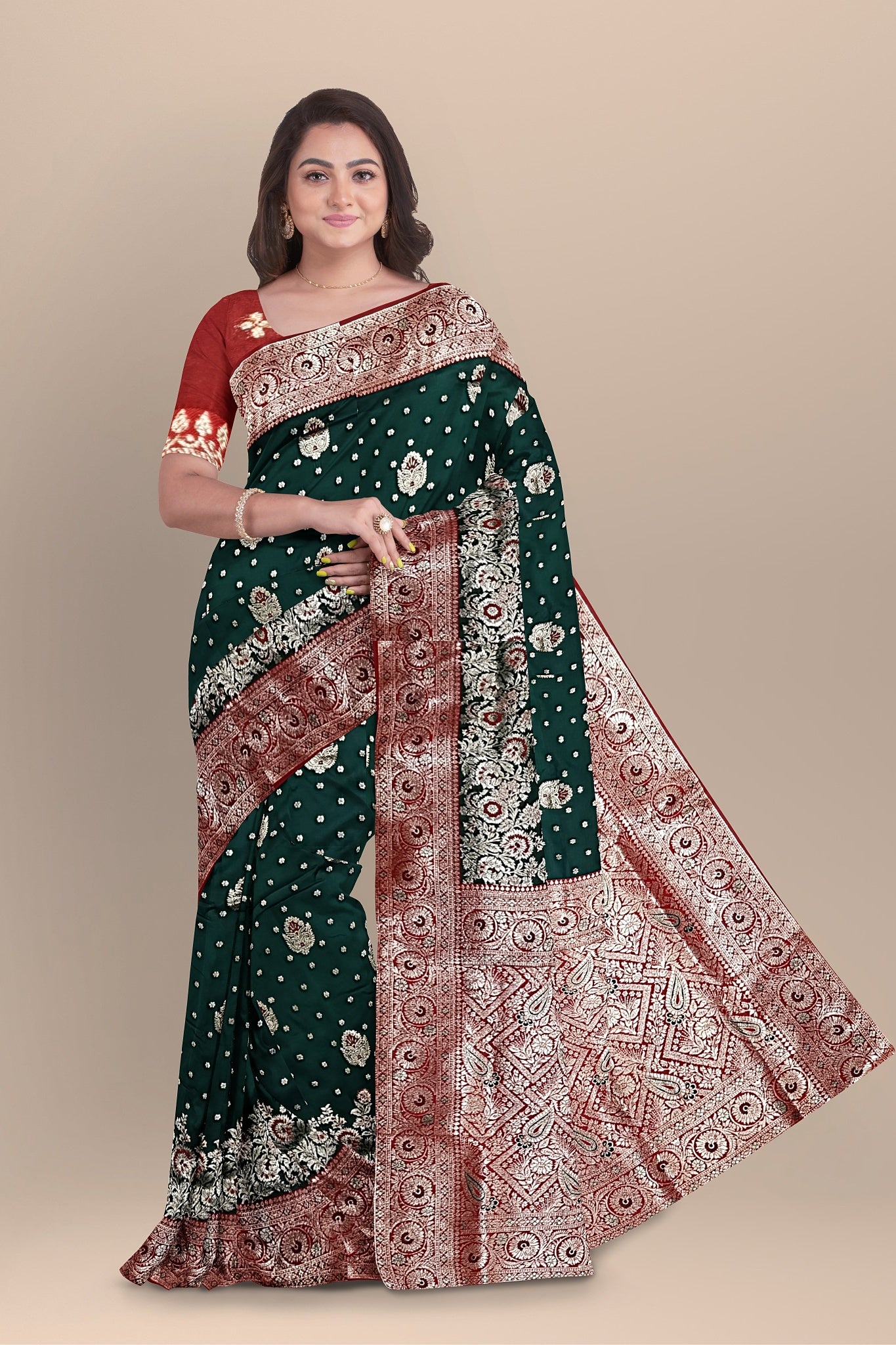 Bottle Green Silk Saree with Multicolored Buta & Minakari Work