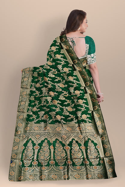 Deep Green Silk Saree with Golden Floral Buta & Contrasting Kalka Pallu