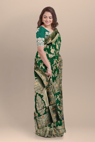 Deep Green Silk Saree with Golden Floral Buta & Contrasting Kalka Pallu