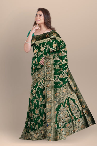 Deep Green Silk Saree with Golden Floral Buta & Contrasting Kalka Pallu