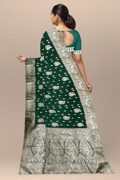 Bottle Green Silk Saree with Dual Buta, Golden Kalka, and Plain Blouse