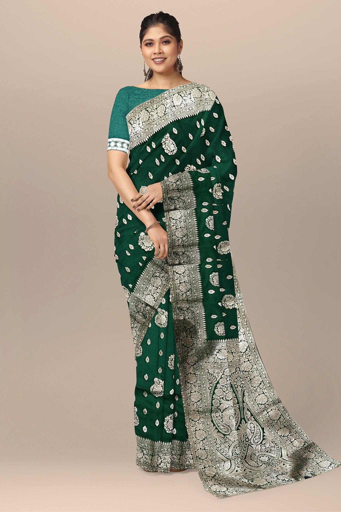 Bottle Green Silk Saree with Dual Buta, Golden Kalka, and Plain Blouse