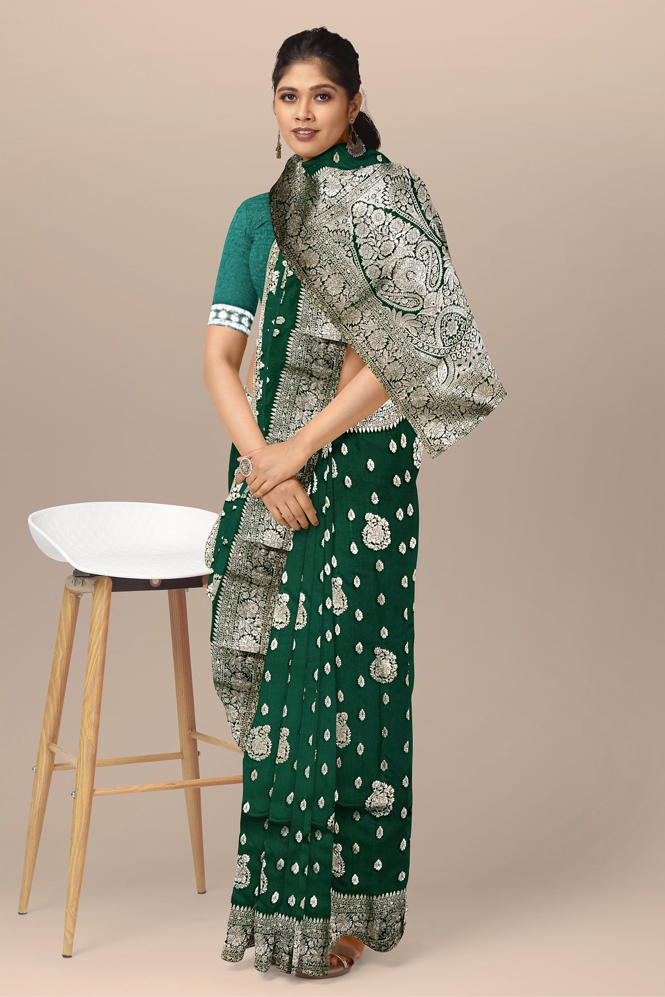 Bottle Green Silk Saree with Dual Buta, Golden Kalka, and Plain Blouse