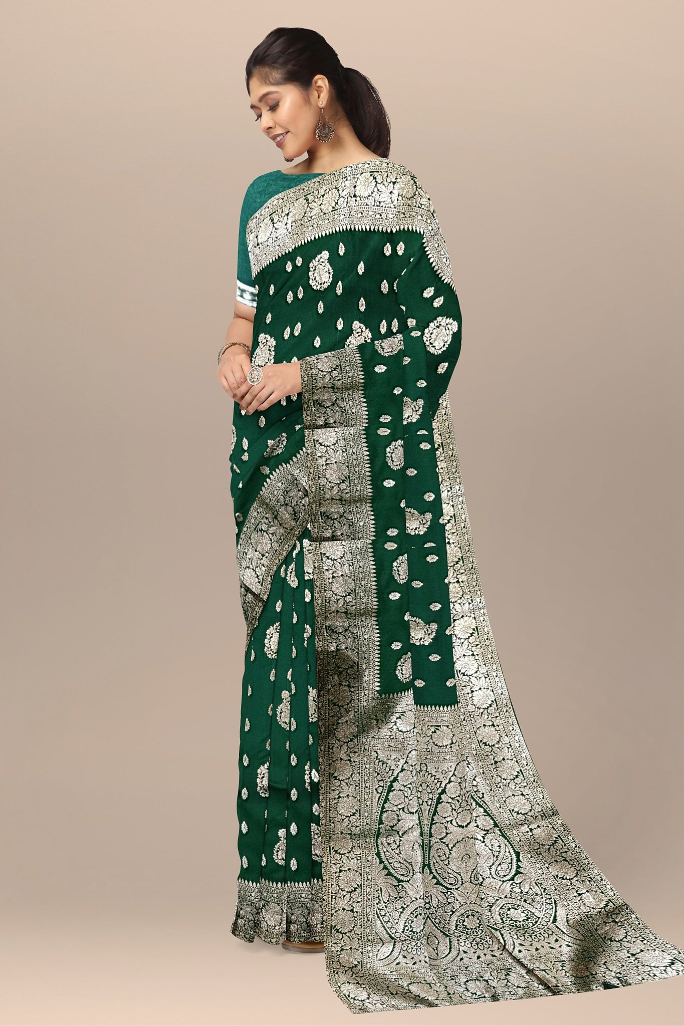 Bottle Green Silk Saree with Dual Buta, Golden Kalka, and Plain Blouse