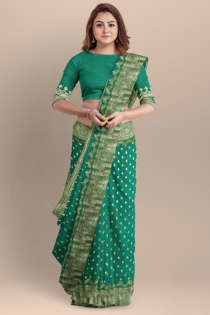 Sea Green Silk Saree with Buta & Ghot Work, Matching Blouse