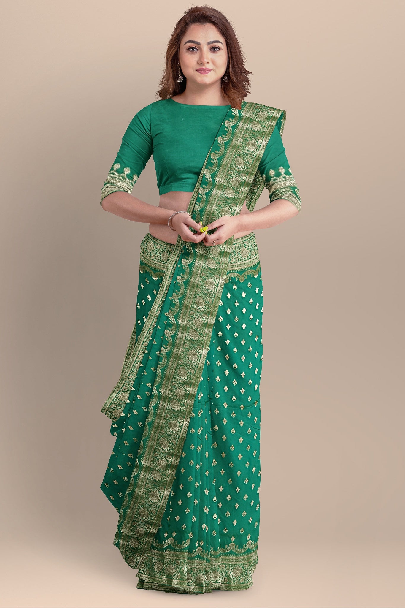 Sea Green Silk Saree with Buta & Ghot Work, Matching Blouse