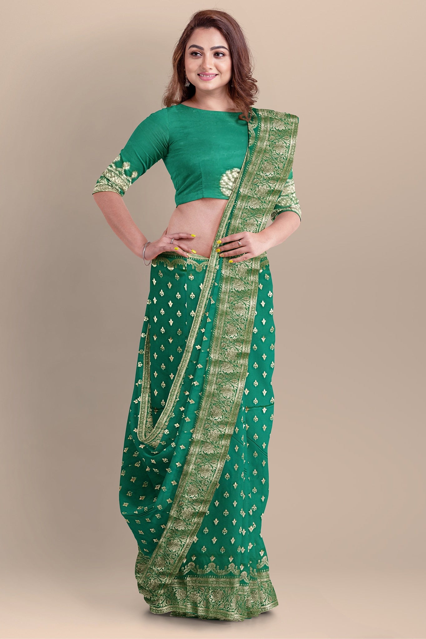 Sea Green Silk Saree with Buta & Ghot Work, Matching Blouse