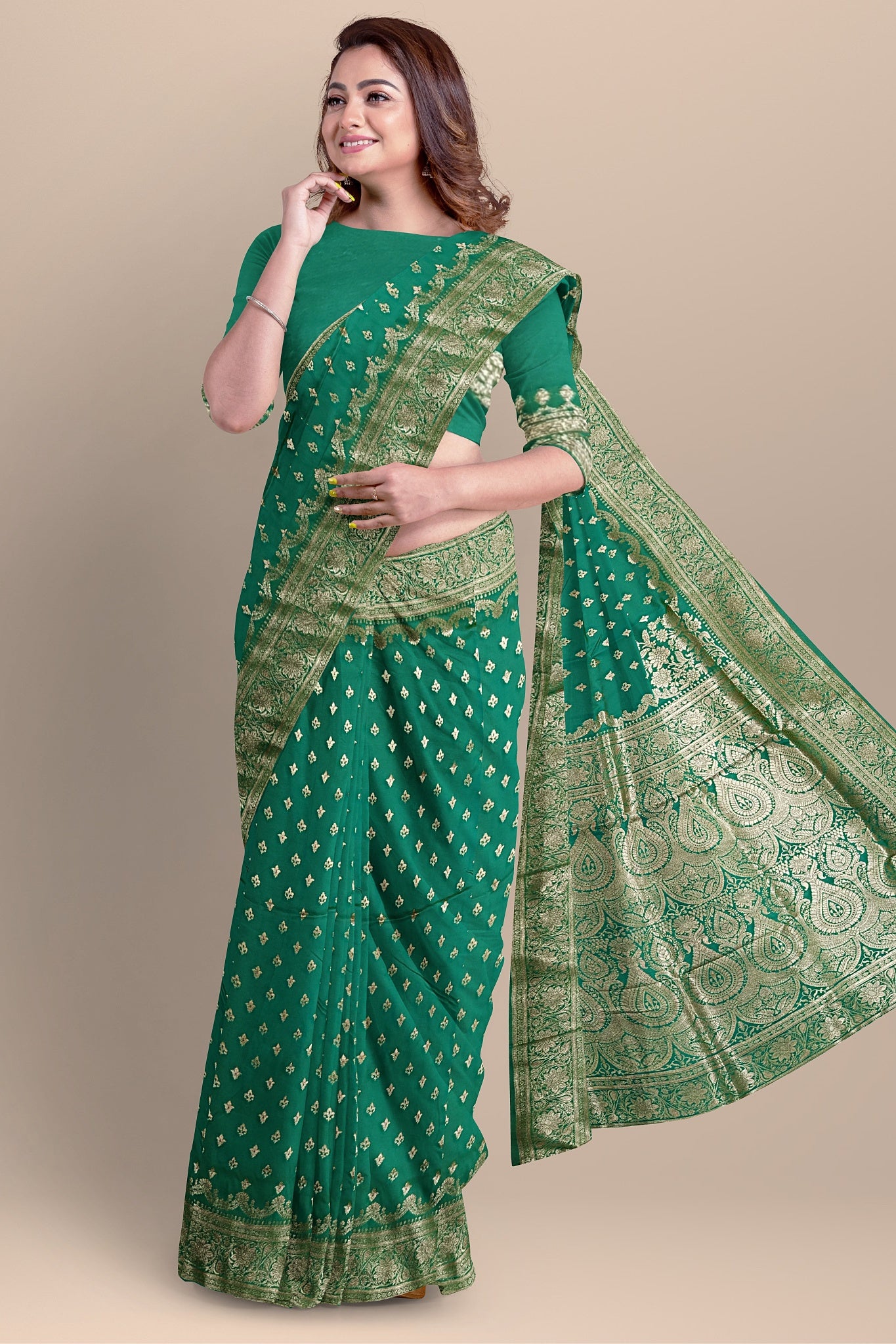 Sea Green Silk Saree with Buta & Ghot Work, Matching Blouse