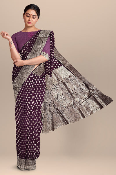 Vibrant Purple Silk Saree with Buta and Golden Leaf Design