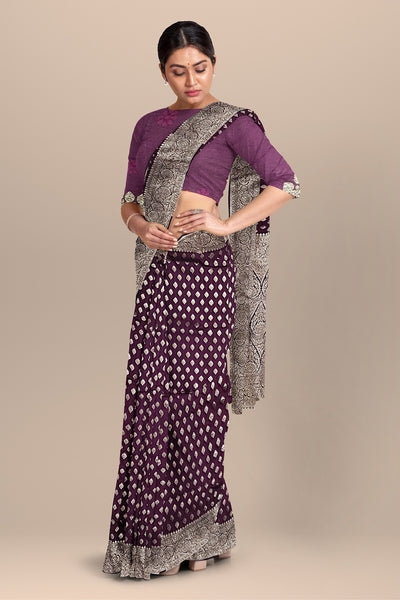 Vibrant Purple Silk Saree with Buta and Golden Leaf Design