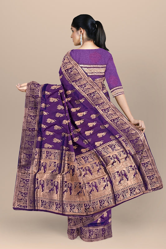 Dark Purple Silk Saree with Baluchuri Work and Block Print Pallu