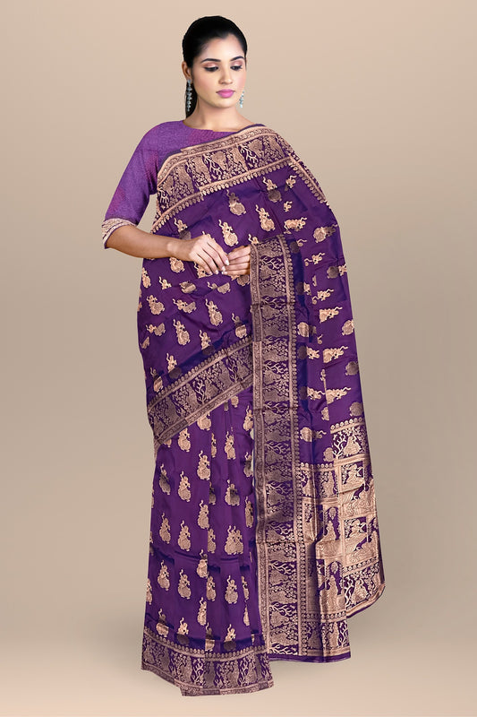 Dark Purple Silk Saree with Baluchuri Work and Block Print Pallu