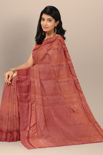 Vibrant Strawberry Silk Saree with Copper Buta and Self Design