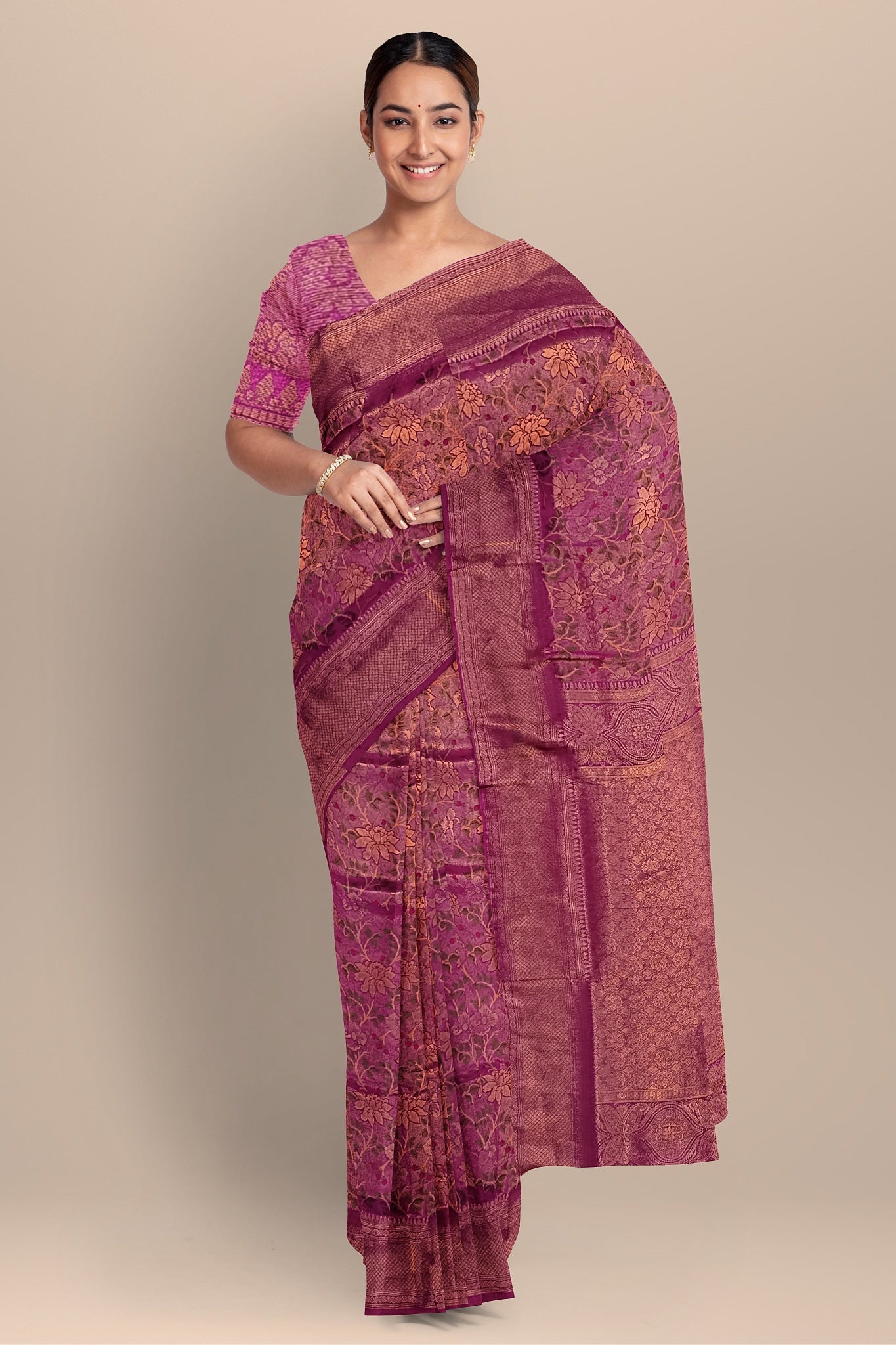 Rani Floral Silk Saree with Kalka Pallu and Butti Blouse