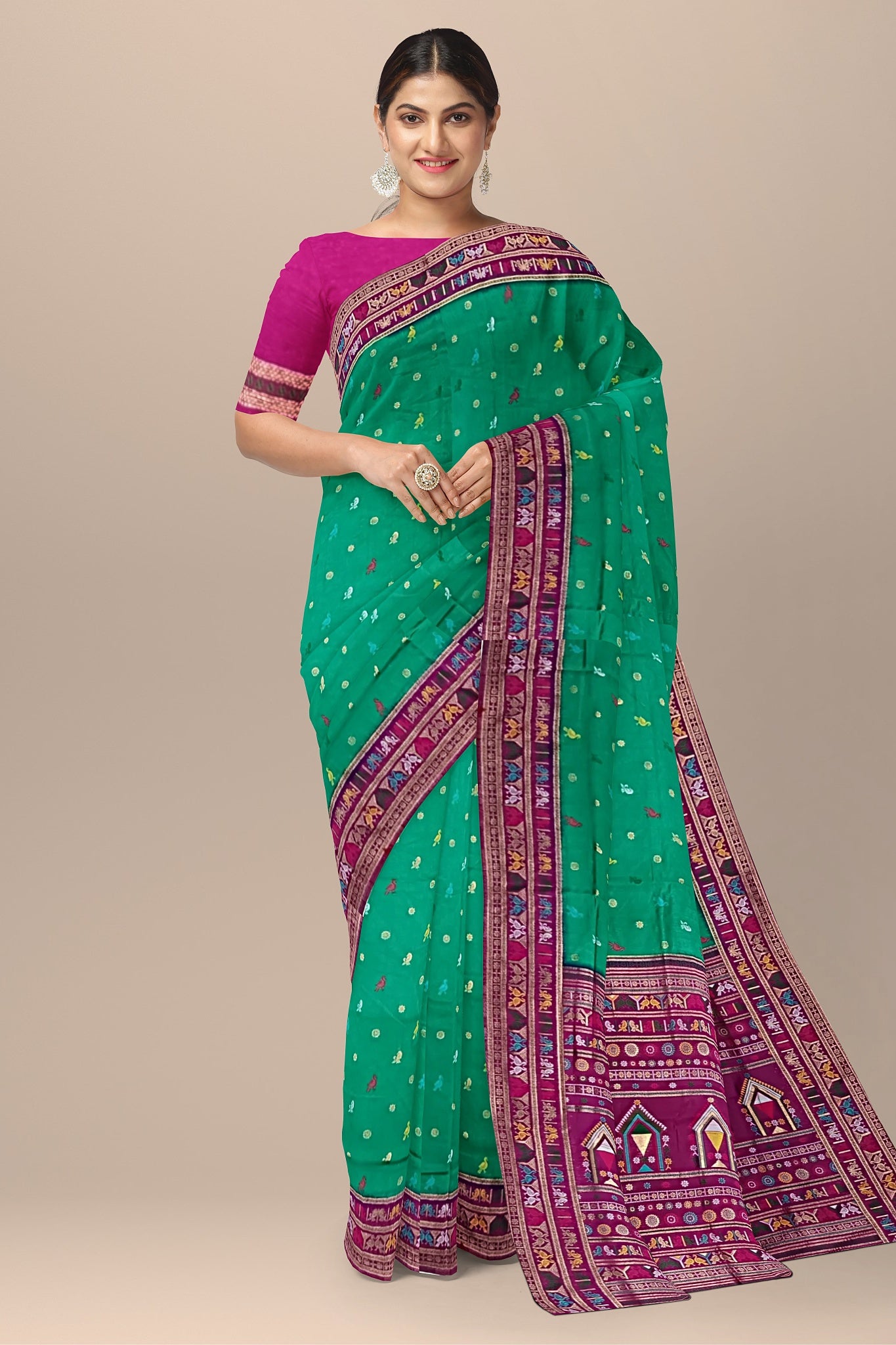 Sea Green and Rani Silk Saree with Buta Design and Contrast