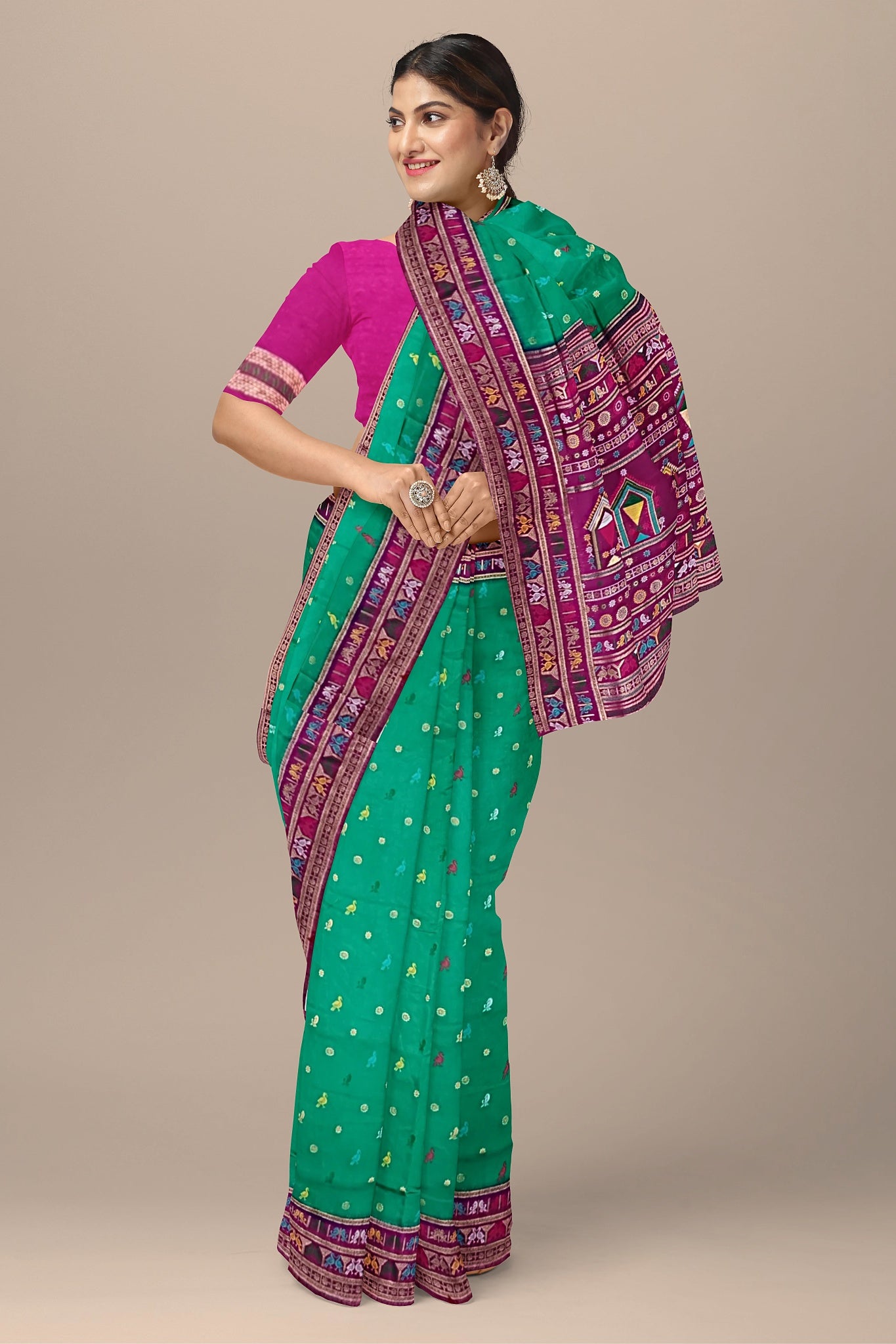 Sea Green and Rani Silk Saree with Buta Design and Contrast