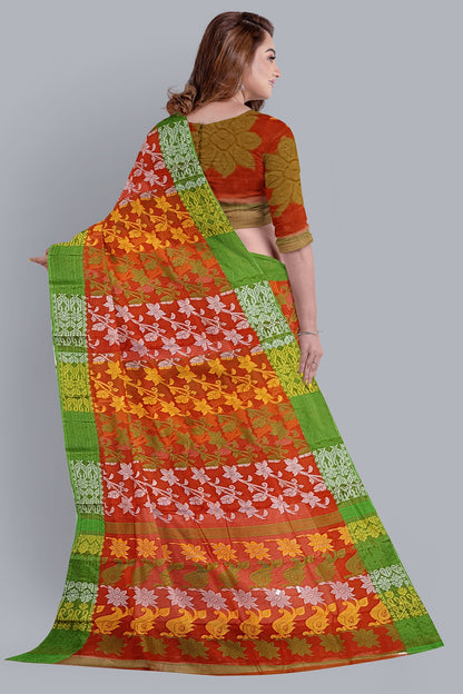 Radiant Orange Tant Jamdani Saree with Vibrant Floral Accents.DN NO-1087