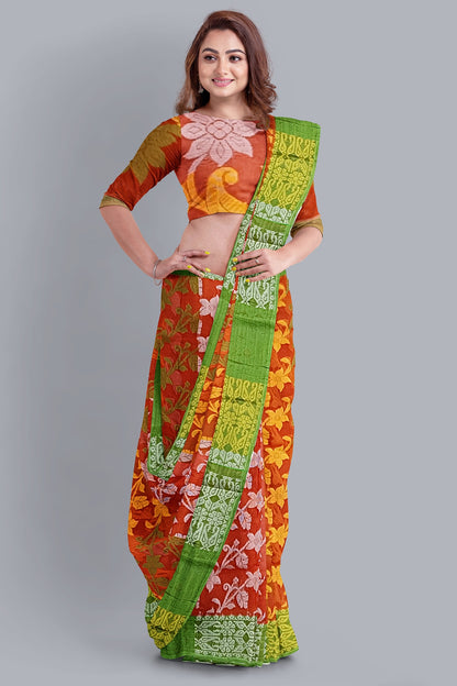 Radiant Orange Tant Jamdani Saree with Vibrant Floral Accents.DN NO-1087