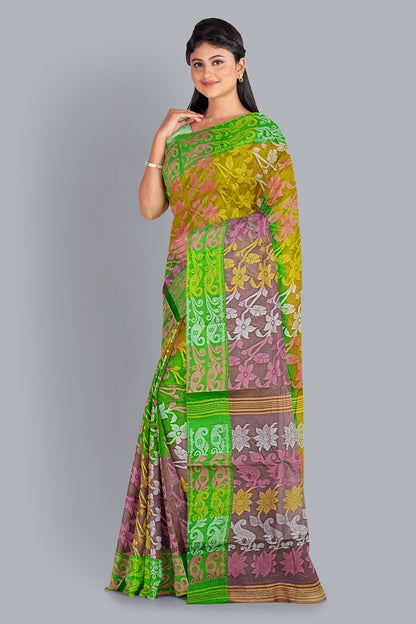 Vibrant Tant Jamdani Saree in Yellow, Pink & Parrot Green.DN NO-1093