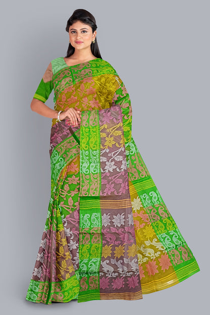 Vibrant Tant Jamdani Saree in Yellow, Pink & Parrot Green.DN NO-1093