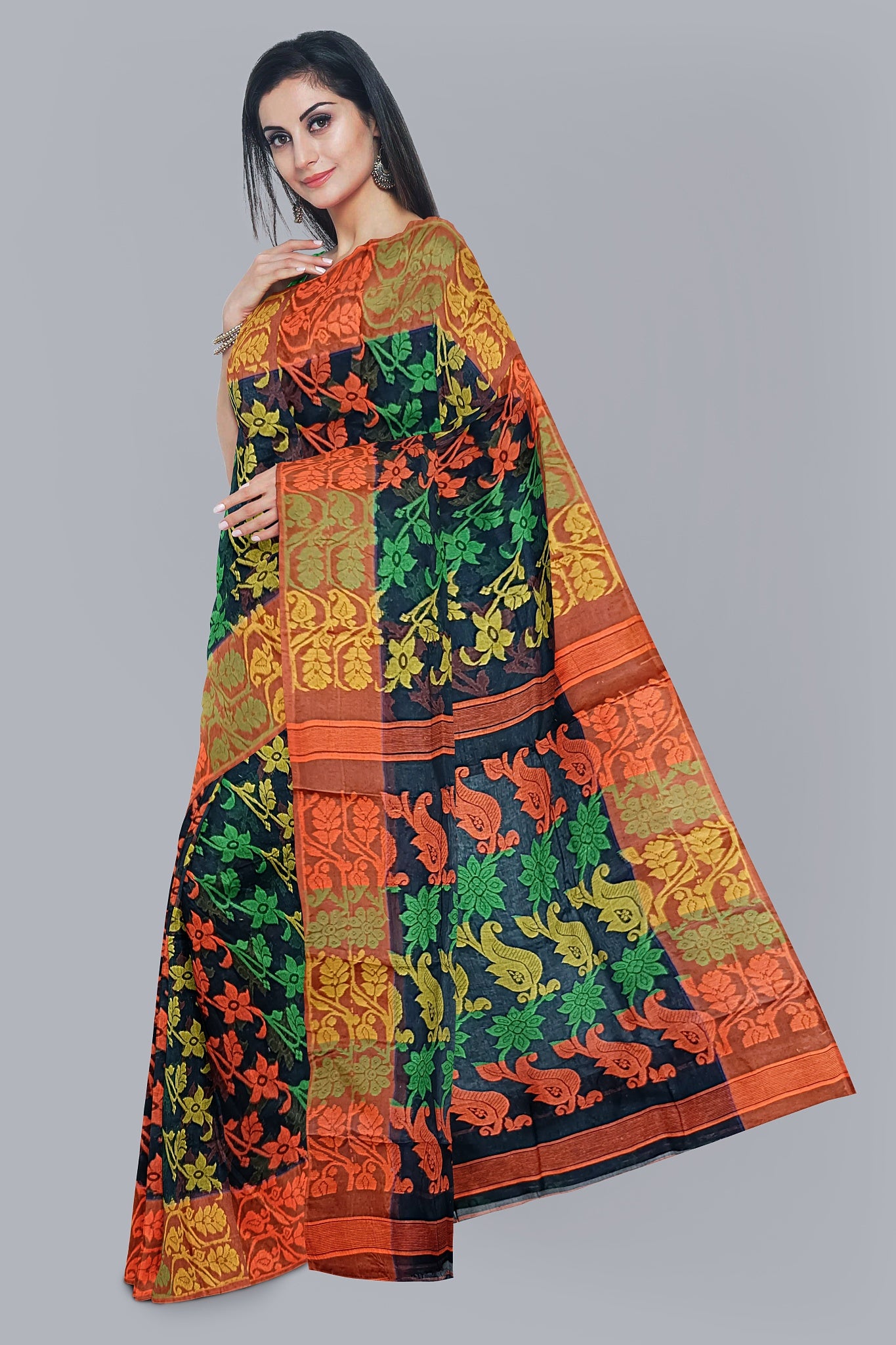 Exquisite Multicolored Tant Saree with Floral and Kalka Design