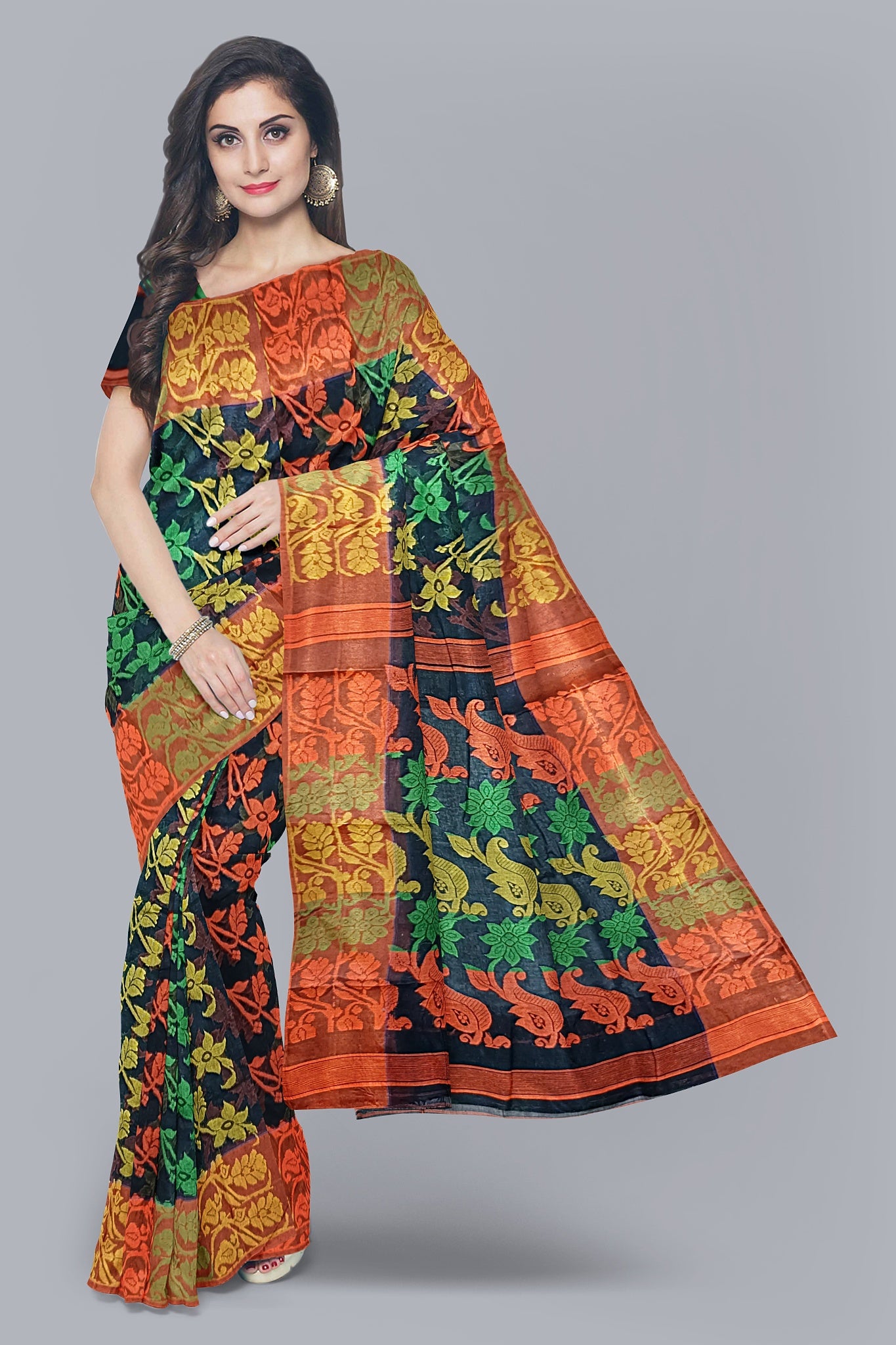 Exquisite Multicolored Tant Saree with Floral and Kalka Design