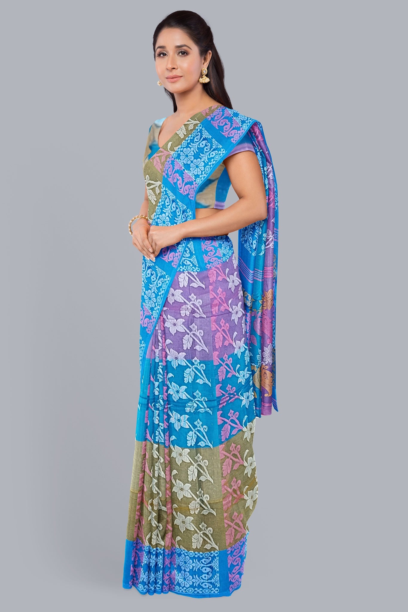 Exquisite 3D Tant Jamdani Saree in Pink, Firoza, and Mastered Yellow