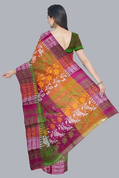 Regal 3D Tant Jamdani Saree in Mustard Yellow, Rani, and Green.DN NO-1095