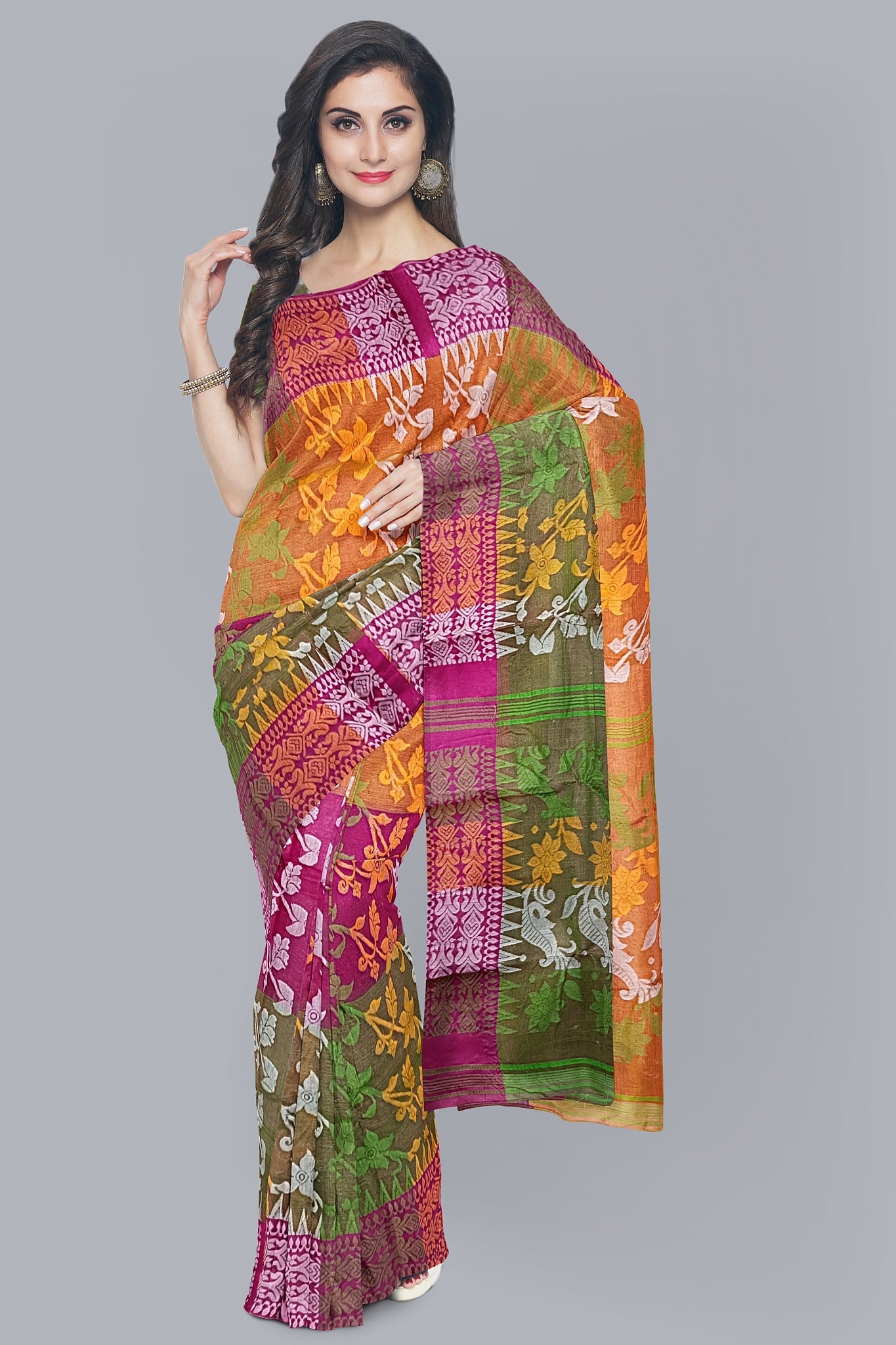 Regal 3D Tant Jamdani Saree in Mustard Yellow, Rani, and Green.DN NO-1095