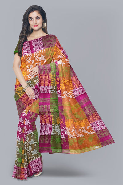 Regal 3D Tant Jamdani Saree in Mustard Yellow, Rani, and Green.DN NO-1095