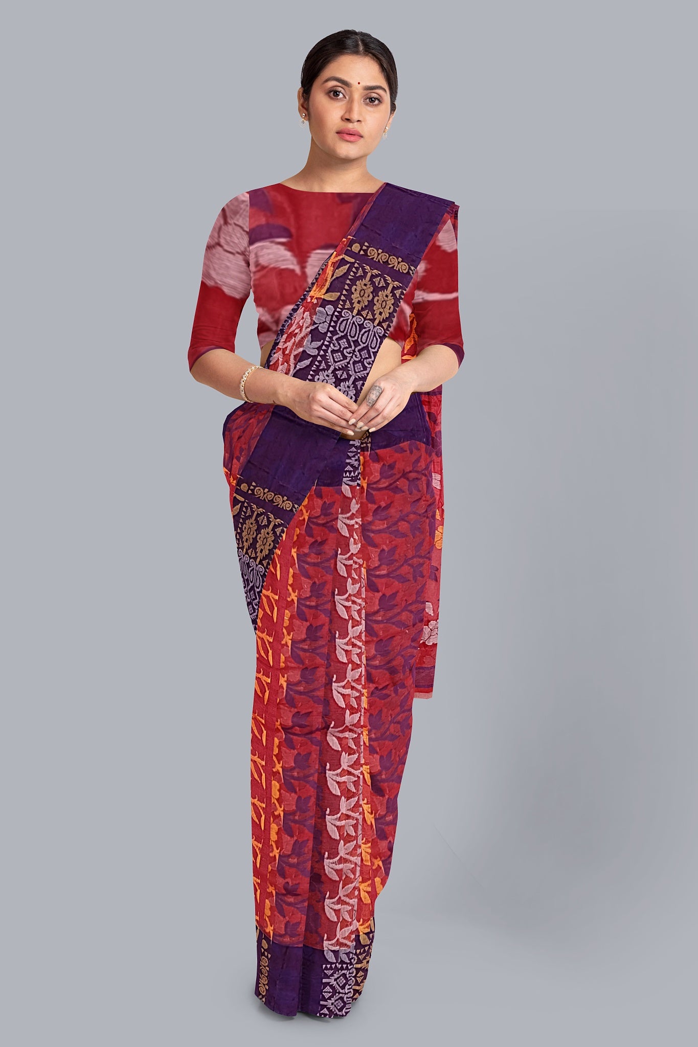 Elegant Strawberry Tant Jamdani Saree with Floral Accents